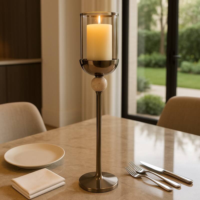 Metal Marble Floor Candle Holder Elegant Sculptural Hurricane