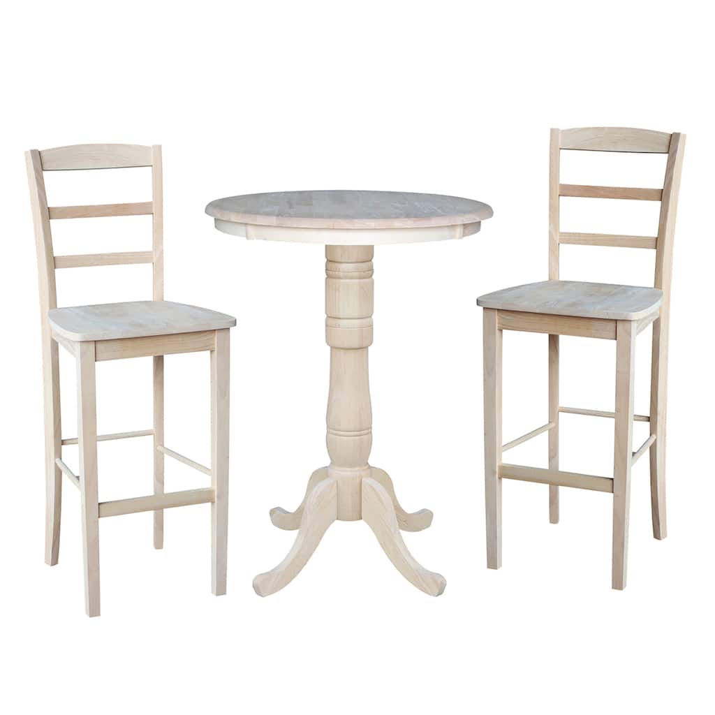 30" Round Pedestal Bar Height Table with 2 Madrid Stools - Unfinished - 3 Piece Set