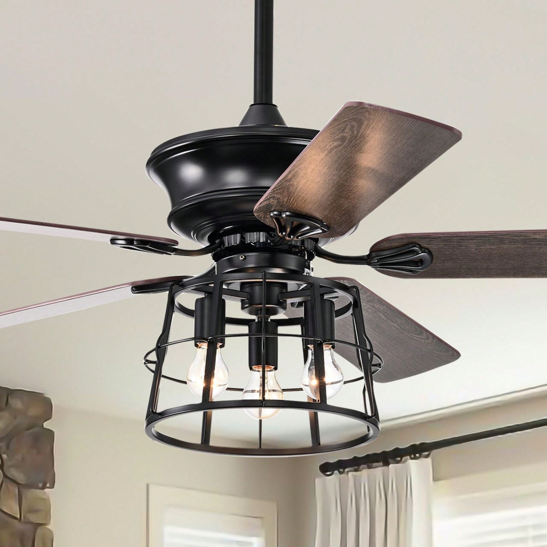 Cusp Barn 52in. Matte Black Industrial Ceiling Fan with Light, Farmhouse  Reversible 3-Speed Ceiling Fan Light with Remote - Bed Bath \u0026 Beyond -  40630360, image size:1920x1920