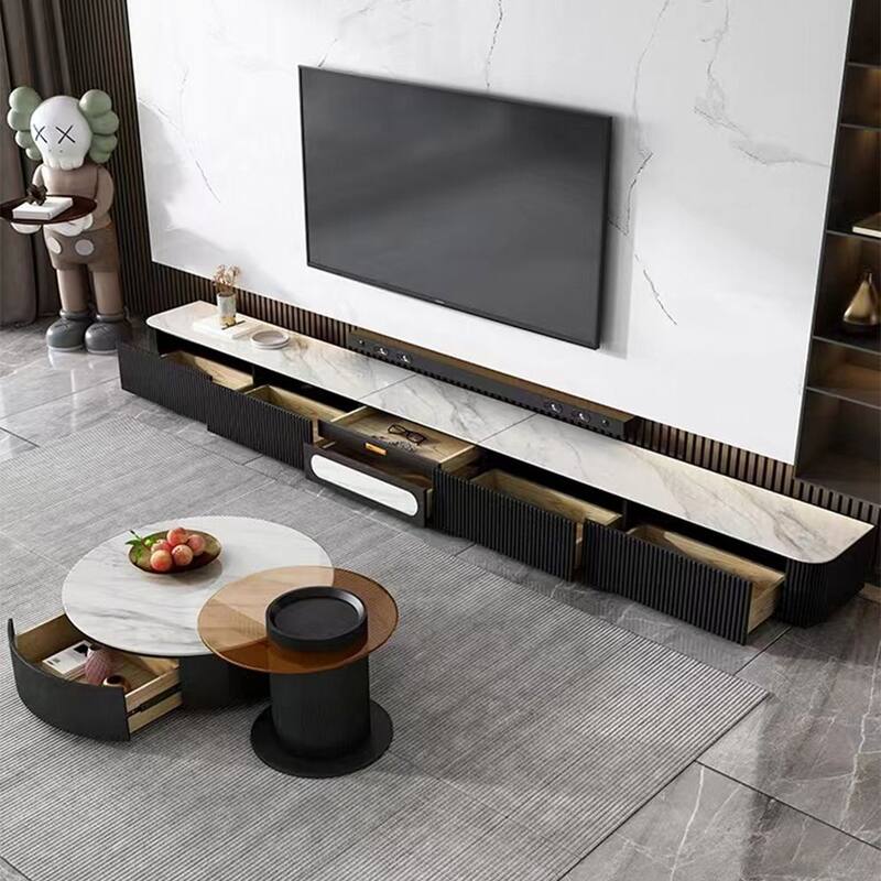 Modern TV Stand for Projector, Sintered Stone TV Cabinet with Drawers for Home Theater, Oak Veneer MDF, Black & White
