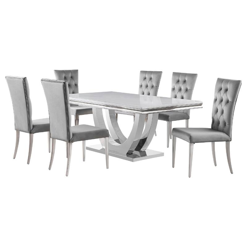 Kery 7pc Dining Table Set, Modern Gray Faux Marble Top, 6 Side Chairs