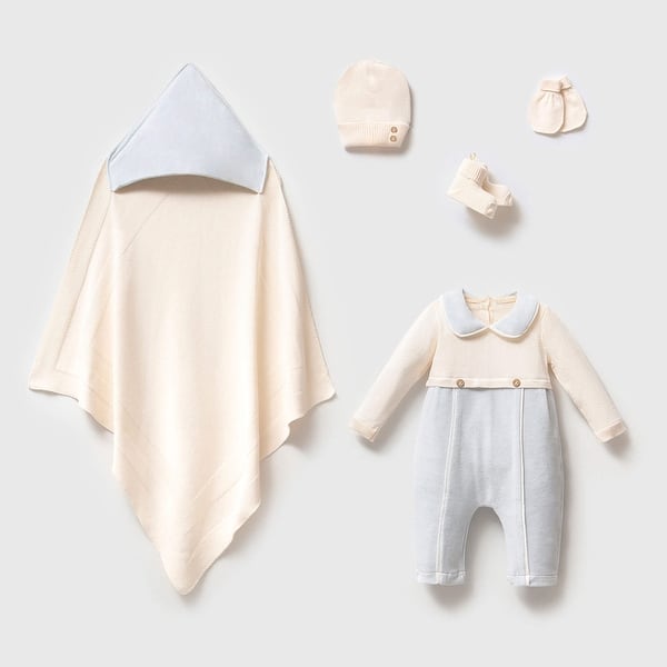 slide 2 of 2, Newborn Baby Boy Homecoming Outfit - Knitwear with Linen Details - 5 Pcs Cream and Baby Blue