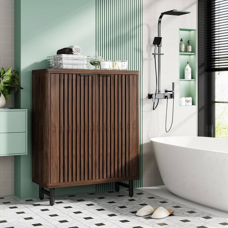 6-Tier Bathroom Floor Cabinet 2 Shutter Doors Adjustable Shelves Wooden Storage Sideboard for Kitchen/Living Room