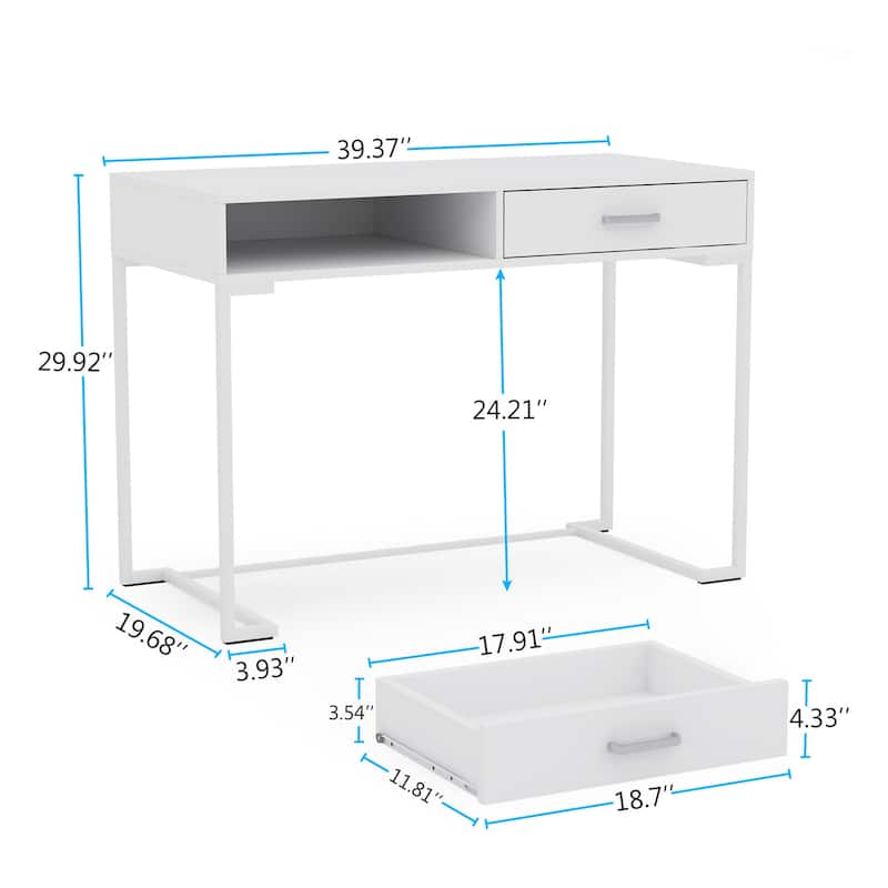40 Inches Computer Desk White and Gold Desk with 2 Drawers