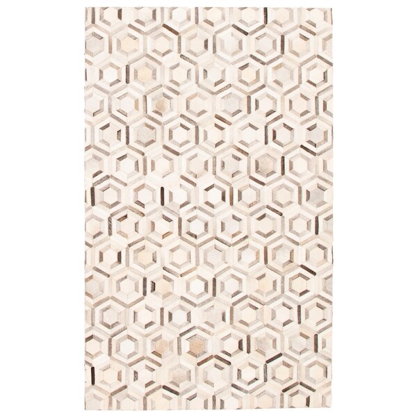 eCarpet Gallery Hand-Knotted Cowhide Patchwork Accent Ivory Rug 5'0 x 8'1 Bedroom Area Rug for Living Room 350091