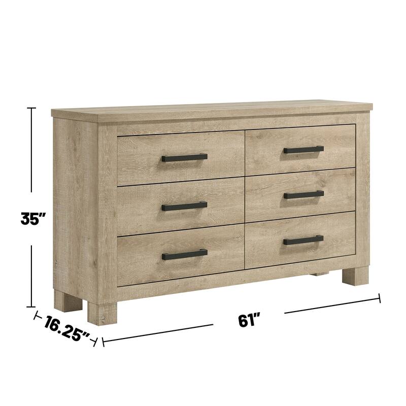 6 Drawers Wooden Dresser with Dark Bronze Handles in Weathered Oak