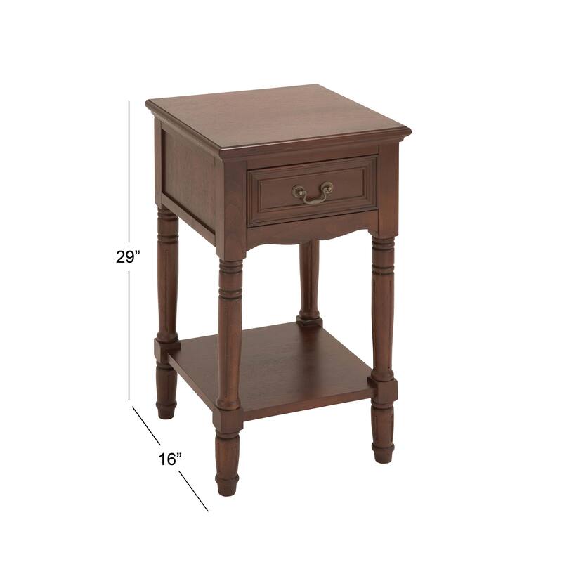 Wood Storage 1 Drawer and 1 Shelf Accent Table with Turned Legs - Brown - Roche River Decor - 16"W x 16"L x 29"H