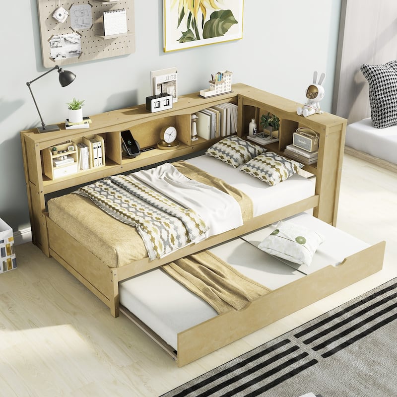 Twin Size Daybed with Trundle, Storage Cabinets and USB Ports, Wood Bed Frame with L-Shaped Bookcases for Bedroom