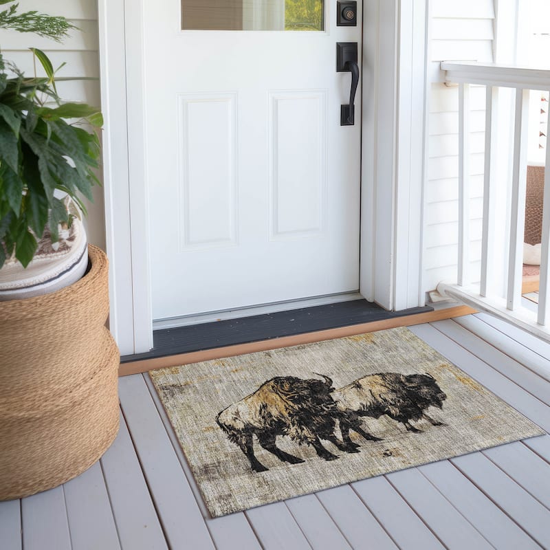 Machine Washable Indoor/ Outdoor Modern Buffalo Chantille Rug - Khaki - 1'8" x 2'6"