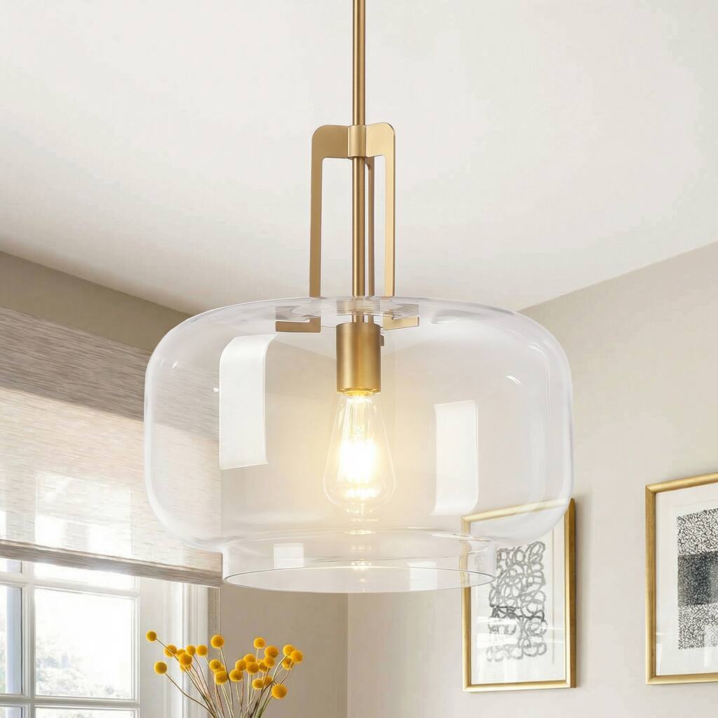 15" Modern Brushed Gold Drum Clear Glass 1-Light Adjustable Pendant Hanging Light - N/A