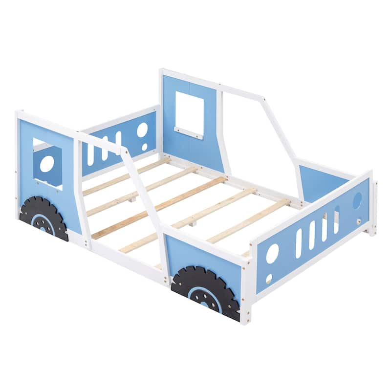 Nordic Full Size Blue Car-Shaped Creative Platform Bed w/ Wheels Wood ...