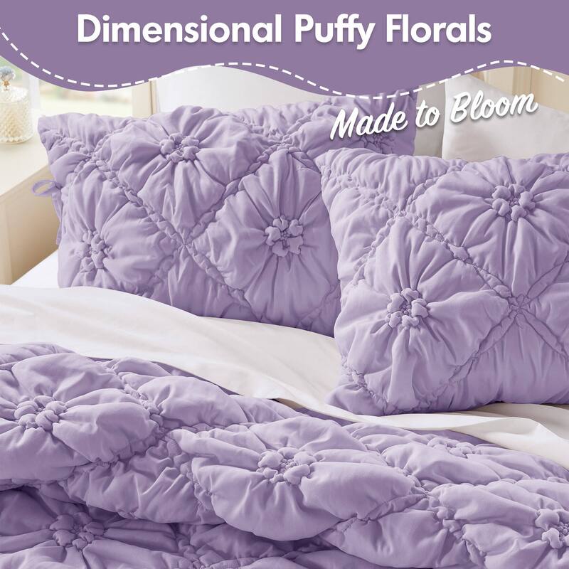 3PCS Full/Queen Textured Floral Comforter Set with Shams Puffy Design All Season Comfort