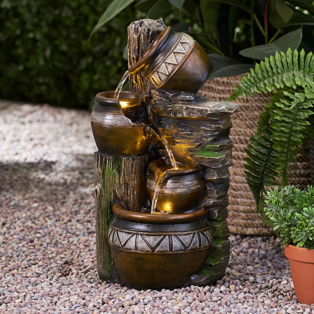 19.75" High Weather Resistant Floor Fountain with Light, 3 Tier Outdoor Fountain, Brown + Gray