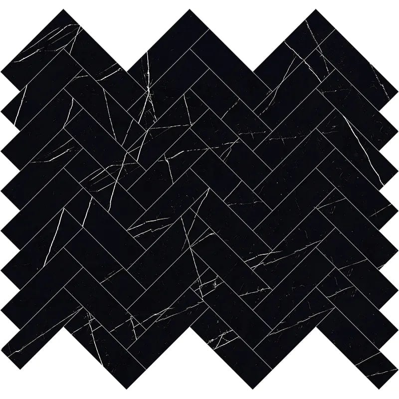 Veneto 11.1 in. x 12.36 in. Polished Black Marquina Porcelain Herringbone Wall and Floor Tile (4.76 sq ft/case) - 5 Sheets