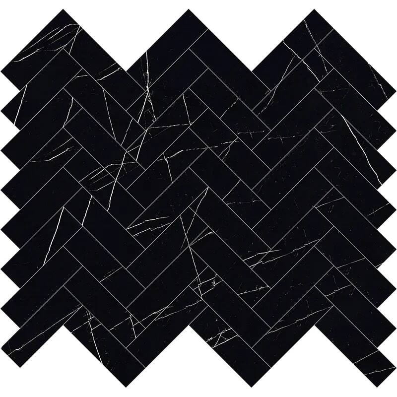 Veneto 11.1 in. x 12.36 in. Polished Black Marquina Porcelain Herringbone Wall and Floor Tile (4.76 sq ft/case) - 5 Sheets