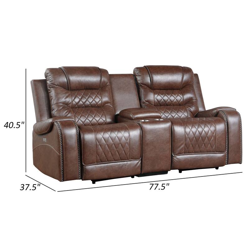 Paul 78 Inch Power Recliner Loveseat, Cupholder Console, Brown Faux Leather
