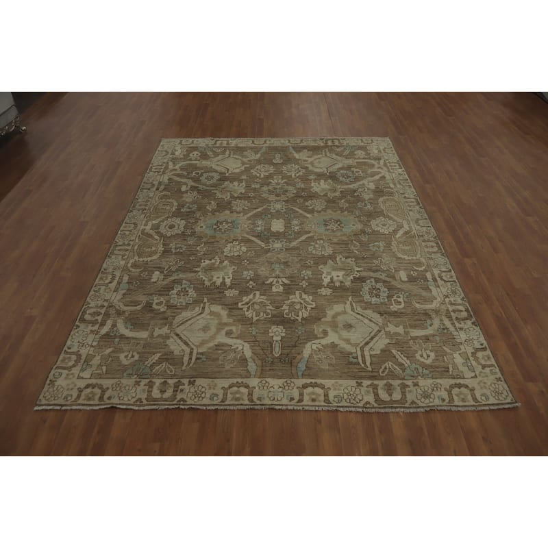Hand Knotted Oriental 100% Wool Carpet Transitional All-Over Brown Oushak Area Rug - 10' 0'' X 7' 9''