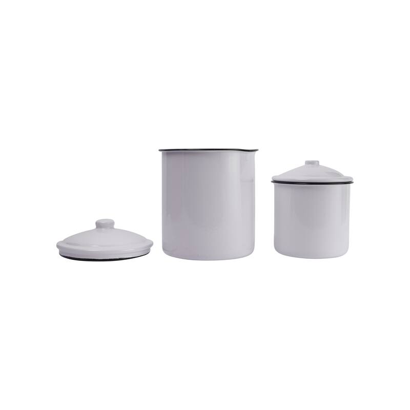 Set of 2 White Enameled Canisters with Lids