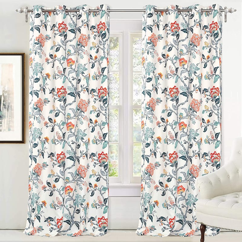 DriftAway Ada Floral Botanical Print Flower Leaf Lined Blackout Window Curtains - 52" Width X 96" Length - Multi