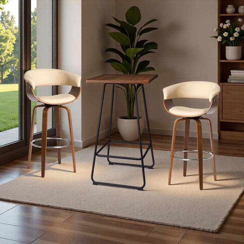 Glitzhome Small Space Set of 3 Swivel High Bar Stool Kitchen Chairs & Square Wood Top Pub Table