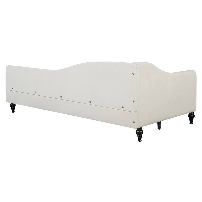 Twin Size L-Shaped Linen Daybed with Solid Wood Legs in Beige