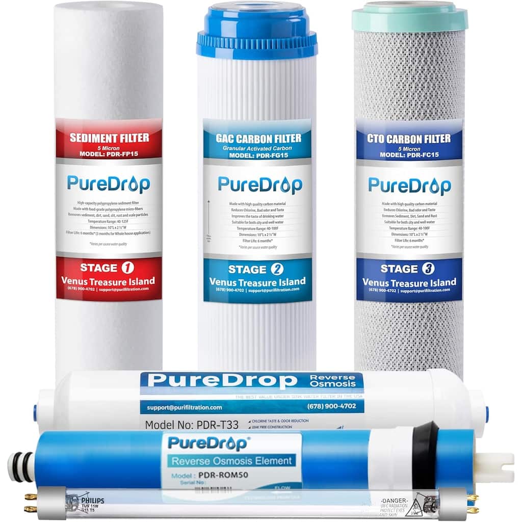 PDR-F6U Replacement Reverse Osmosis Water Filter Set for 6-Stage Under-Sink Water Filtration Systems with UV light Filter