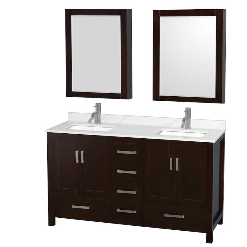 Sheffield 60-inch Double Vanity, Single Hole Quartz Top, Med Cabinets