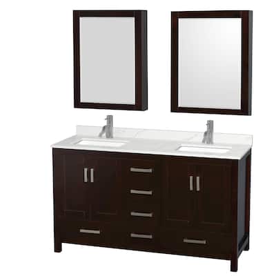 Sheffield 60-inch Double Vanity, Single Hole Quartz Top, Med Cabinets