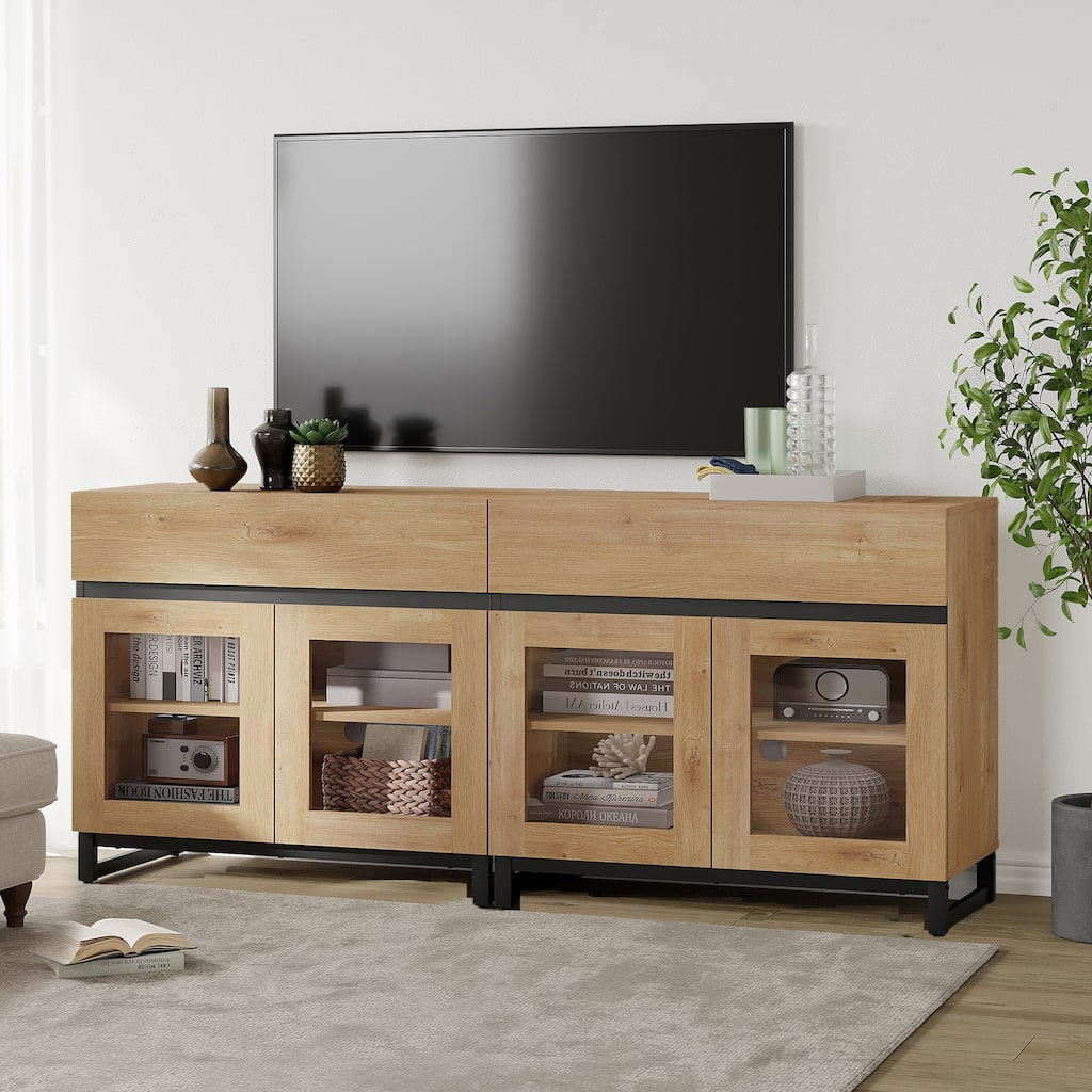 WAMPAT Modern TV Stand with Glass Doors for 110 inch TVs, Entertainment Center Console with 3 Drawers and Metal Base
