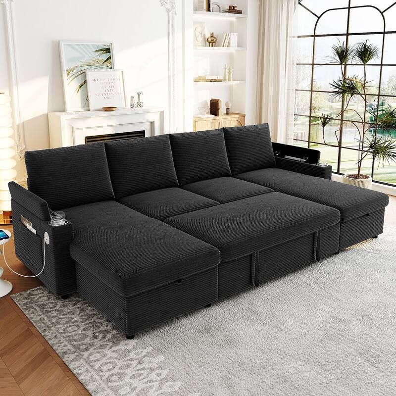 Roomfitters Convertible Sofa Bed 109.5" U-Shaped Sectional Upholstered Sofa with Storage Chaise, Cup Holders and USB Ports - Black