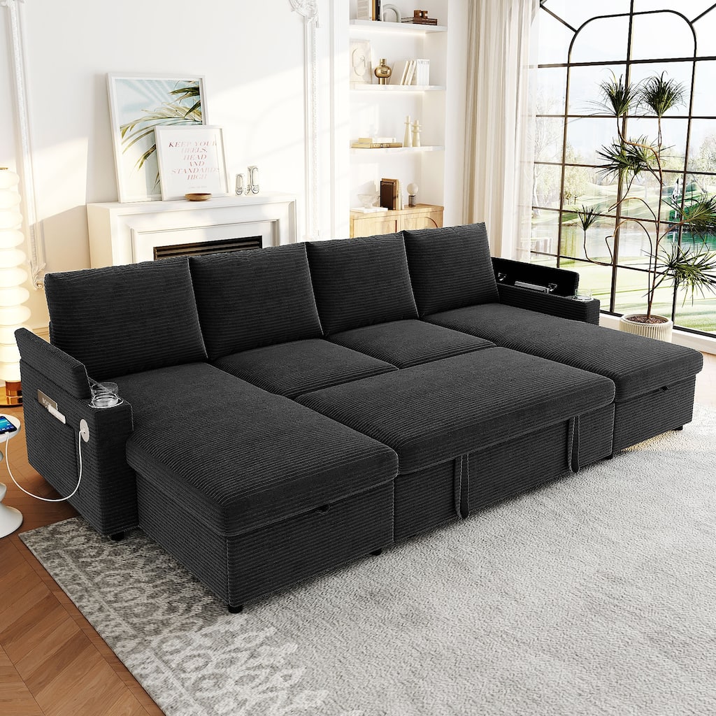 Roomfitters Convertible Sofa Bed 109.5" U-Shaped Sectional Upholstered Sofa with Storage Chaise, Cup Holders and USB Ports