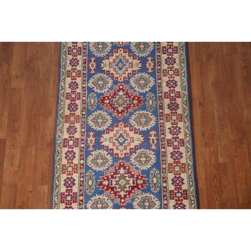Blue Kazak Runner Rug Hand-Knotted Wool Carpet - 2'7" x 13'2"