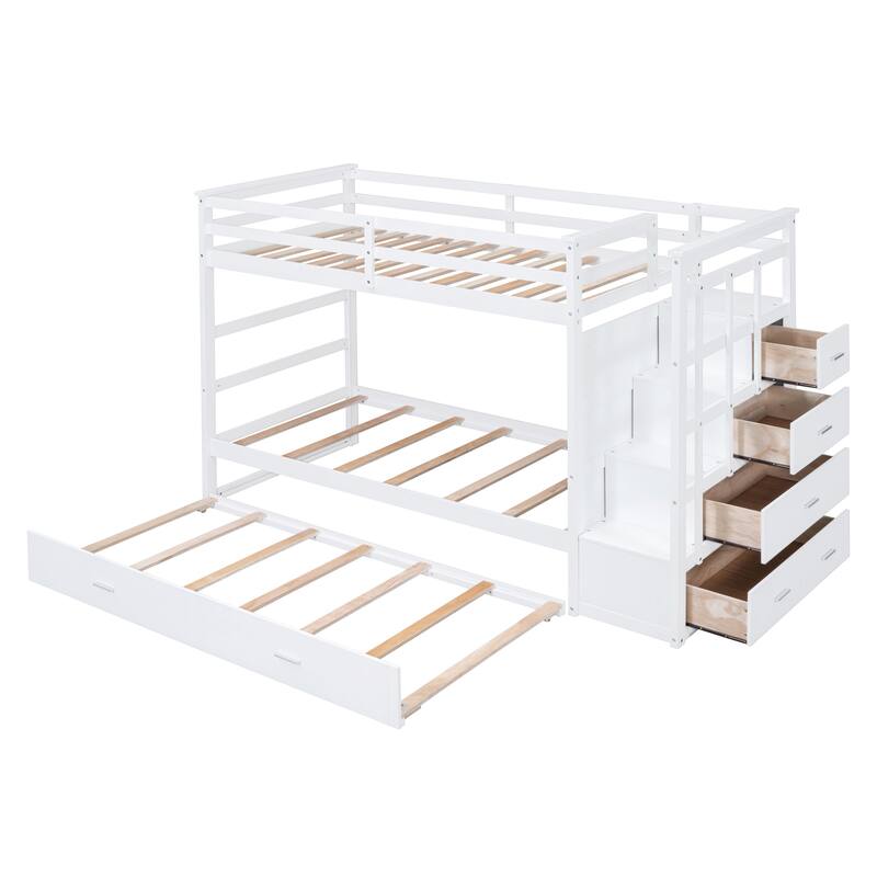 Staircase Bunk Bed with Twin Size Trundle, Storage Stairs and Full Length Guardrail, Solid Wood Bunk Bed, No Spring Box Needed