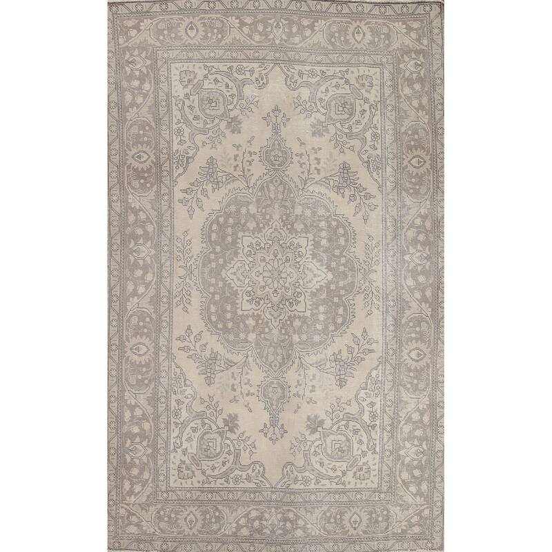 Hand Knotted Oriental 100% Wool Carpet Traditional Medallion Beige & Ivories Tabriz Area Rug - 9' 5'' X 6' 3''
