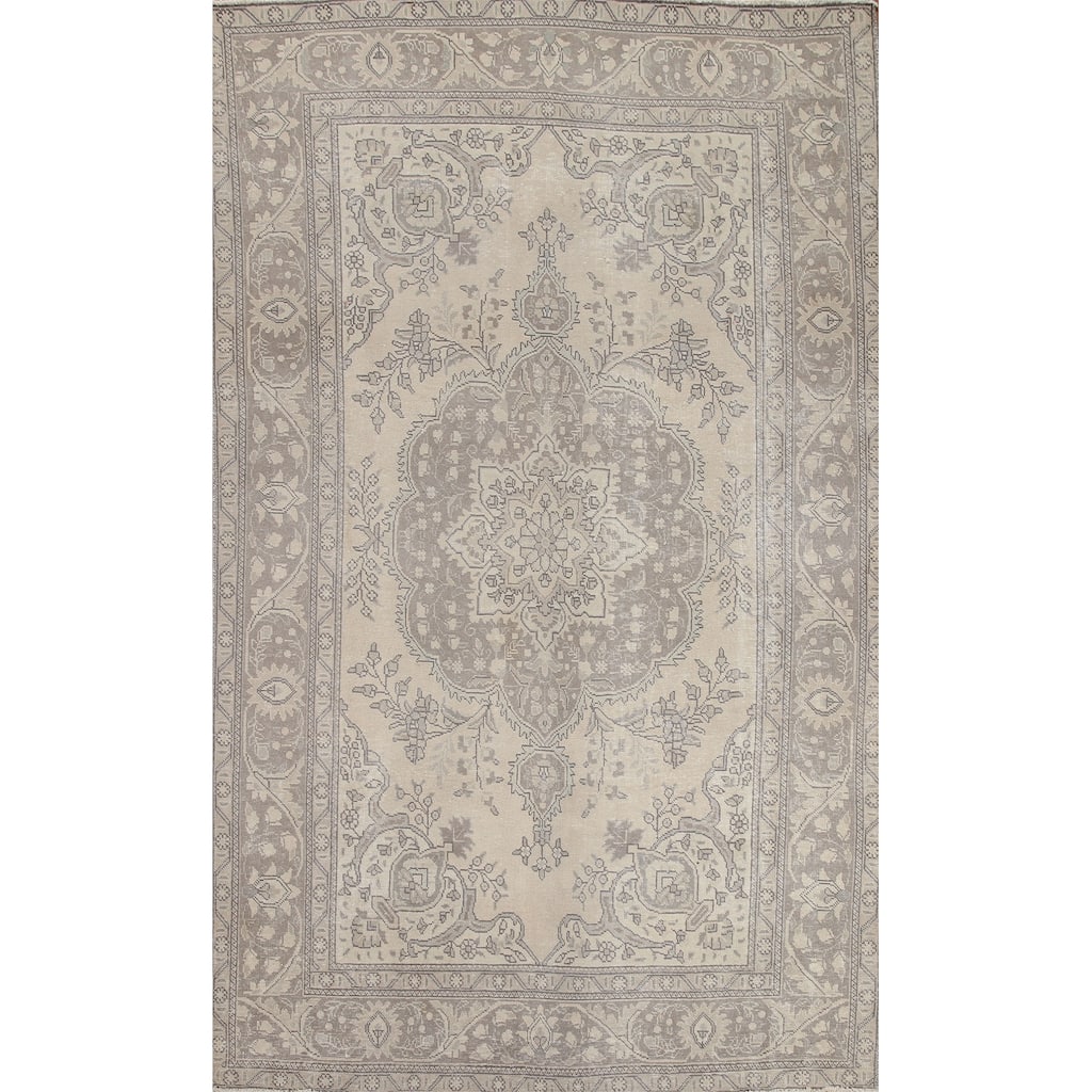 Hand Knotted Oriental 100% Wool Carpet Traditional Medallion Beige & Ivories Tabriz Area Rug - 9' 5'' X 6' 3''