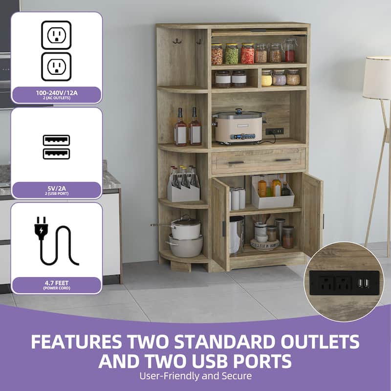 67" Kitchen Pantry Cabinets with Microwave Stand & Charging Station