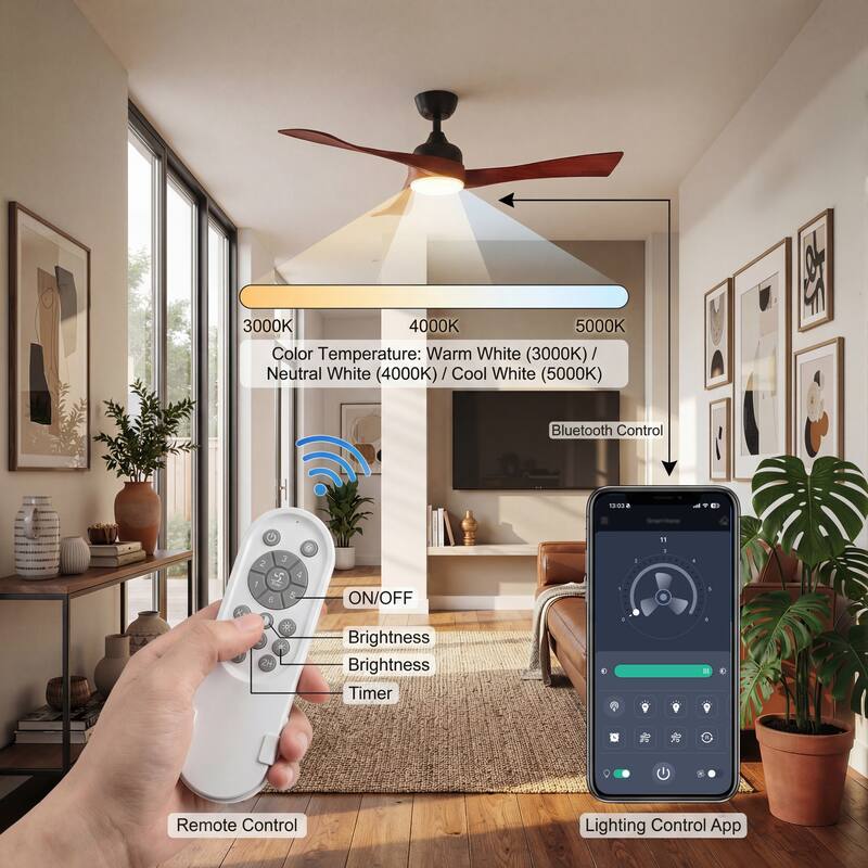 Ceiling Fan with Light, Solid Wood Blades Modern LED Ceiling Fan with Bluetooth App Control, Reversible Quiet Motor