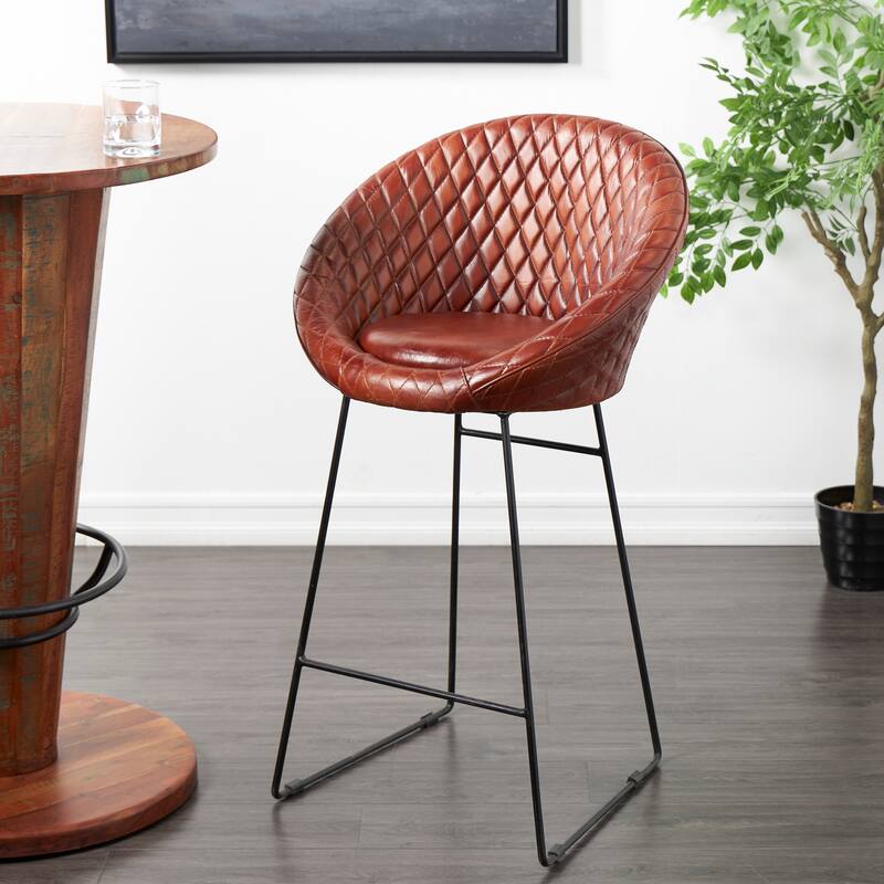 Brown Leather Round Diamond Tufted Bar Stool with High Back and Black Metal Legs (Set of 2) - Brown