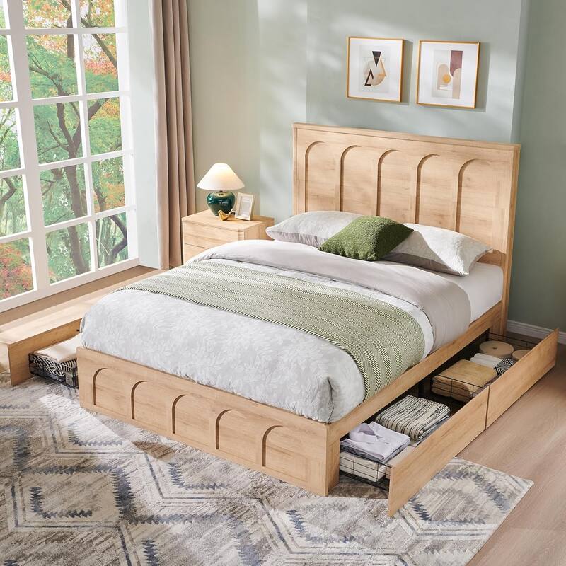 Modern Queen Size Bed Frame, 52" Tall Arched Recessed Headboard - Natural Oak