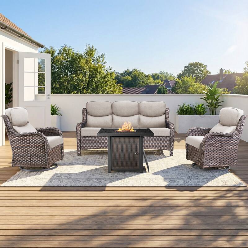 Pocassy 30 In Outdoor Fire Pits with Patio Sofa Swivel Glider Chari Furniture. - Brown Wicker Beige Cushion - 4-Piece Sofa Swivel Chair w/ Fie Pit Table