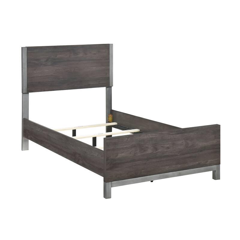 Twin Size Wood Panel Bed with Antique Silver Accents