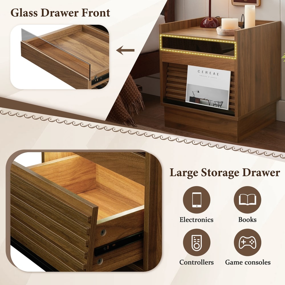 Mid Century Modern Nightstand with 2 Drawers and LED lights