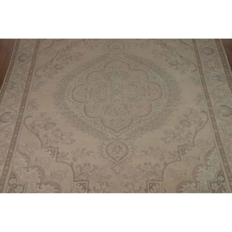 Floral Beige Tabriz Persian Area Rug Hand-Knotted Wool Carpet - 9'6"x 12'10"