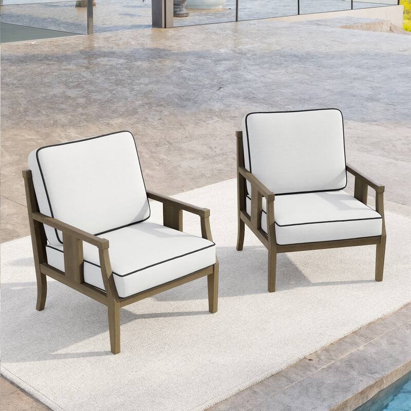 Set of 2 Outdoor Teak Wood Armchairs with Cushions, Patio Club Chairs