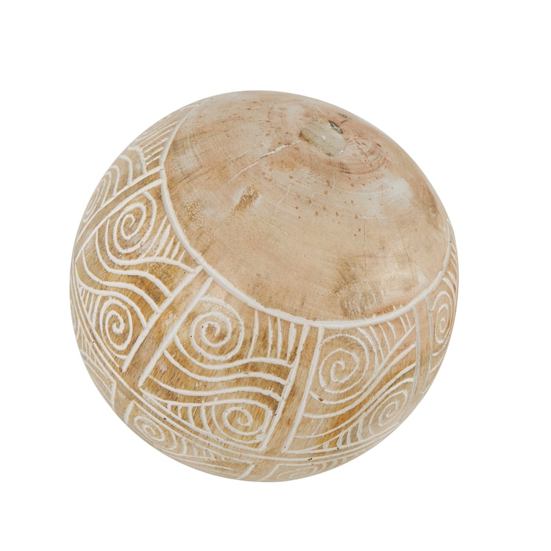 Cream Mango Wood Handmade Decorative Ball Orbs & Vase Filler with Carved Lines or Tribal Patterns (Set of 2)