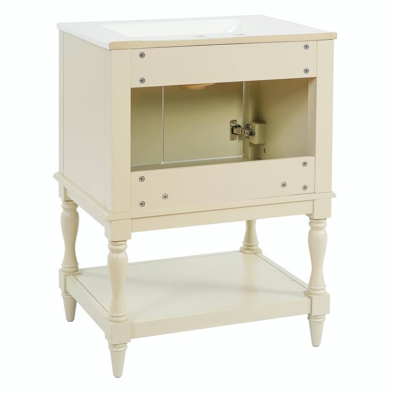 24" Modern Luxury Bathroom Vanity with Ceramic Sink, Freestanding Cabinet with Open Shelf and Enclosed Storage