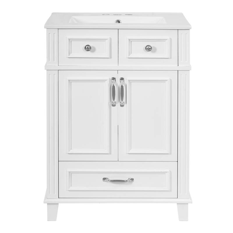 24" Bathroom Vanity with Ceramic Sink,Solid Wood Frame Bathroom Storage Cabinet with Soft Closing Doors,Retro Style