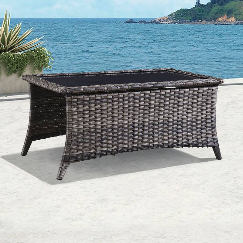 Outdoor Wicker Coffee Table Glass Top Table End Table - Grey