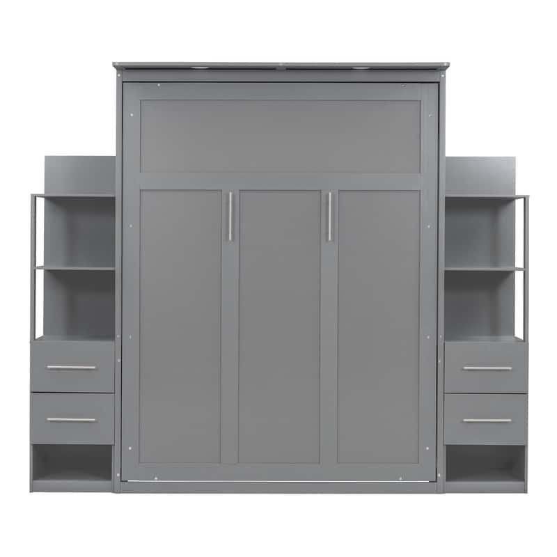 Queen Size Murphy Bed Wall Bed with Shelves, Drawers and LED Lights