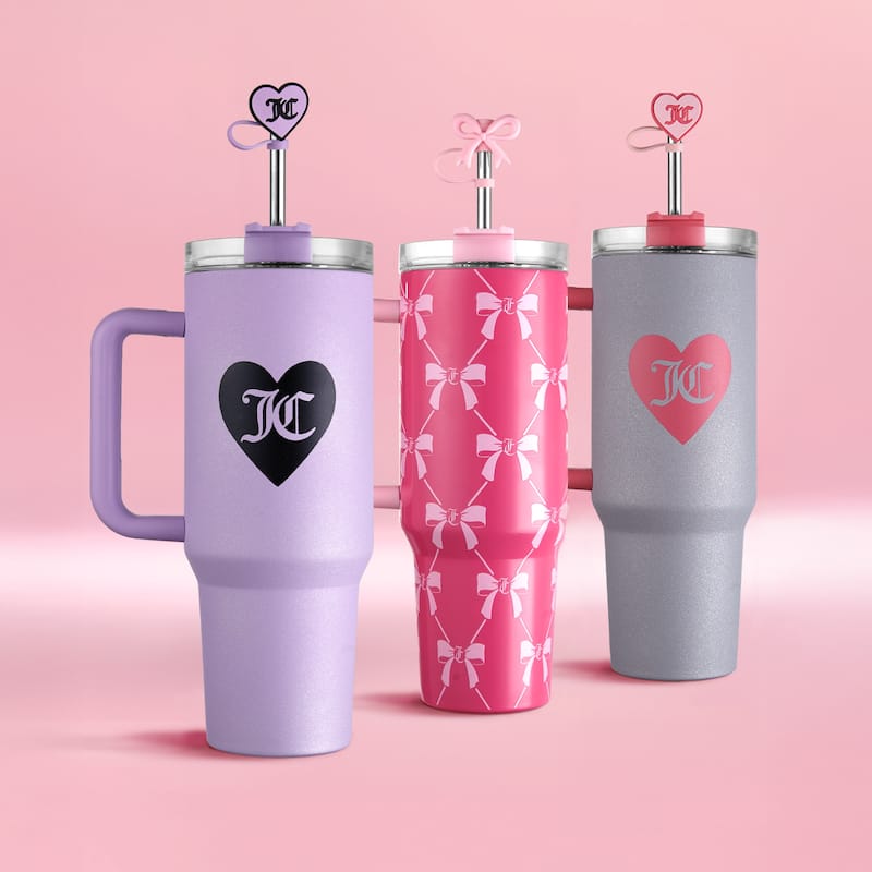 Juicy Couture Jetsetter Hydration Stainless Steel Tumbler with Handle and Straw With Topper